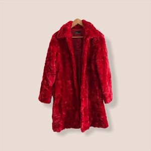 Red Faux Fur Coat with Pockets